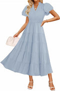 Womens Summer Casual Ruched Ruffle Tiered Maxi Dress | Puff Short Sleeve, V Neck, Flowy Dress, Boho Beach Vacation Dress