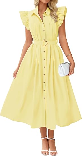 Womens Summer Button Midi Dress Casual Work Dresses | Belted Dress,Button Down,Flutter Short Sleeve Dress with Pockets,Travel Vacation Dress,Business Casual Dress,Fashion Clothes