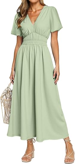 Women's Summer Flowy Midi Dress Casual V Neck Short Sleeve Empire Waist Boho Beach Dress Wedding Guest Maxi Dress