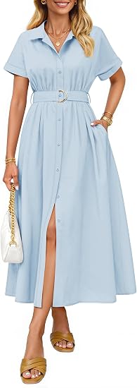Women's Summer Button Down Short Sleeve Midi Dress | Lapel Collar, Elastic High Waist, A Line, Pockets, with Belt, Long Shirt Dresses for Work Office, Business Casual Outtfits